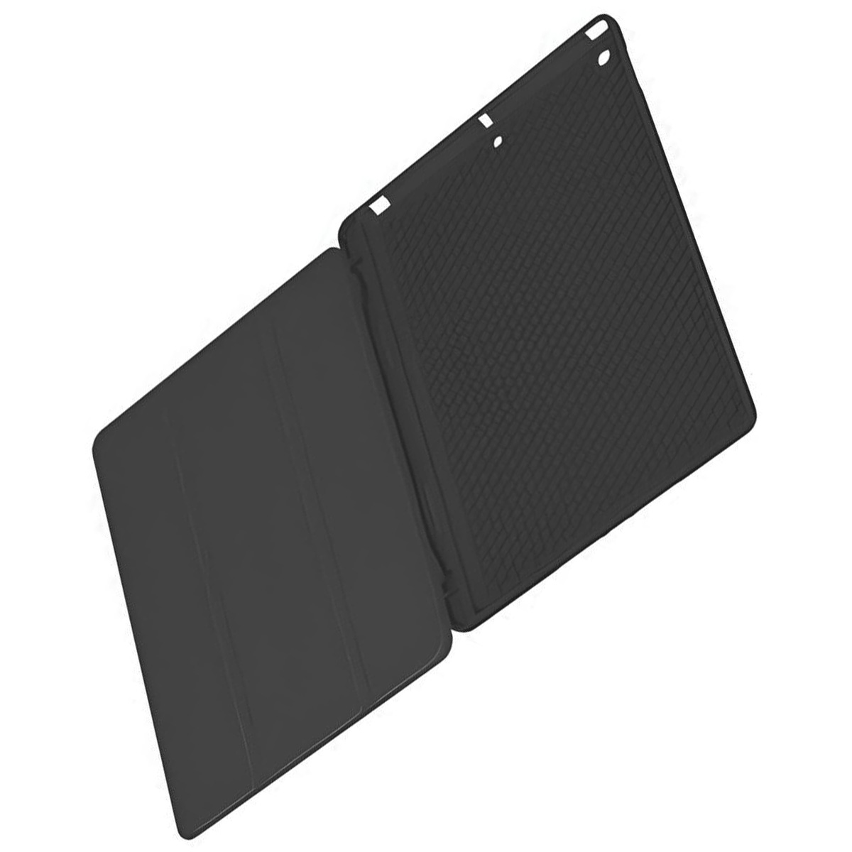 Custodia per tablet nera, aperta con il tablet all'interno.