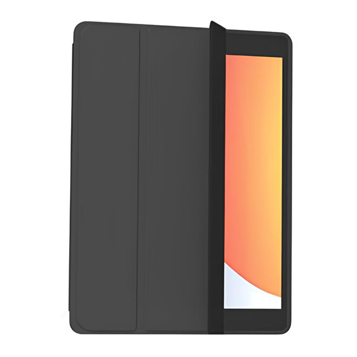 Una custodia nera per tablet con la copertura parzialmente aperta, che rivela lo schermo del tablet.