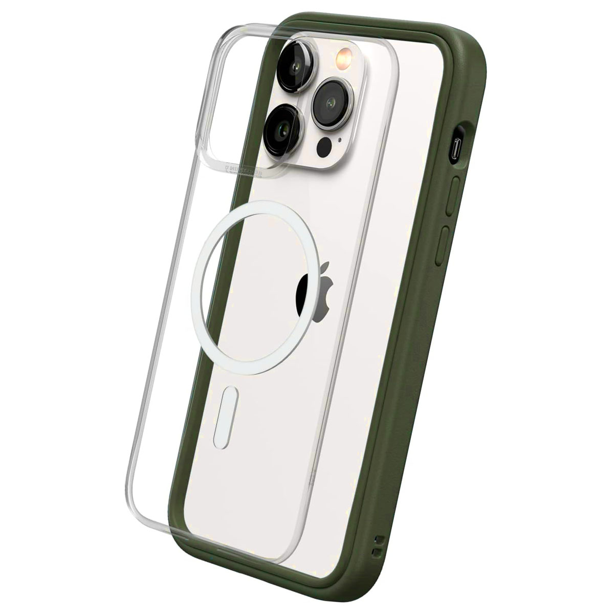 Un iPhone in una custodia verde con retro trasparente e anello MagSafe bianco.