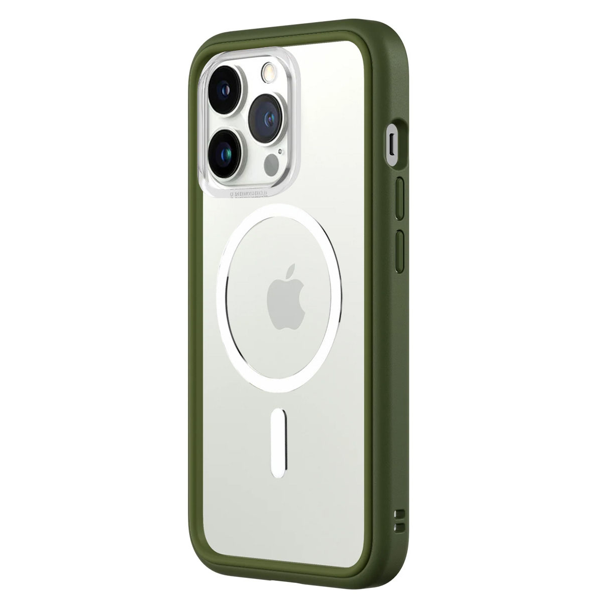 Una custodia verde oliva per telefono con retro trasparente e cerchio bianco per ricarica wireless.