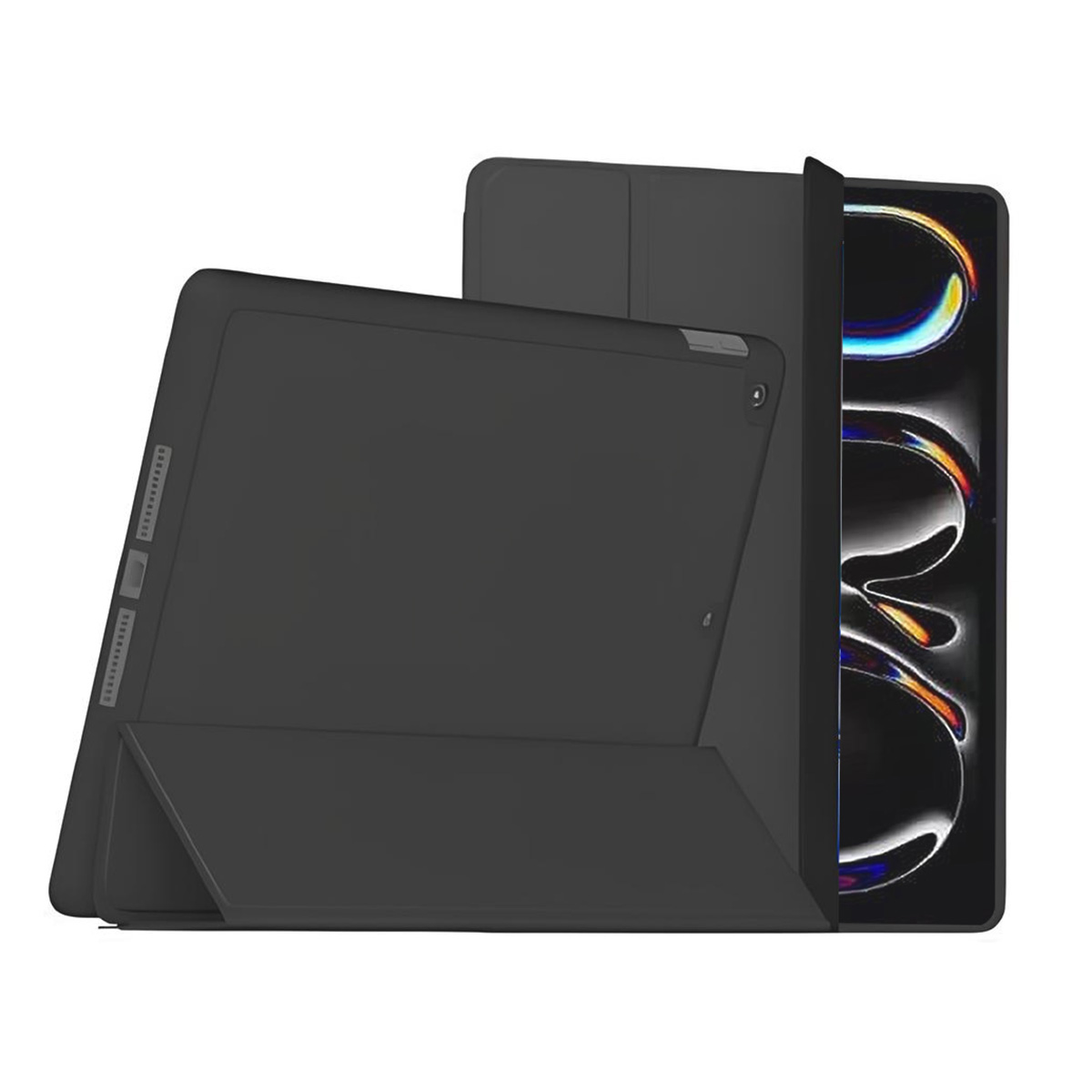 Custodia per tablet nera, chiusa e in piedi.