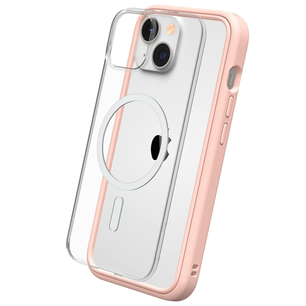 Una custodia per telefono con retro trasparente, cornice rosa e logo Apple.