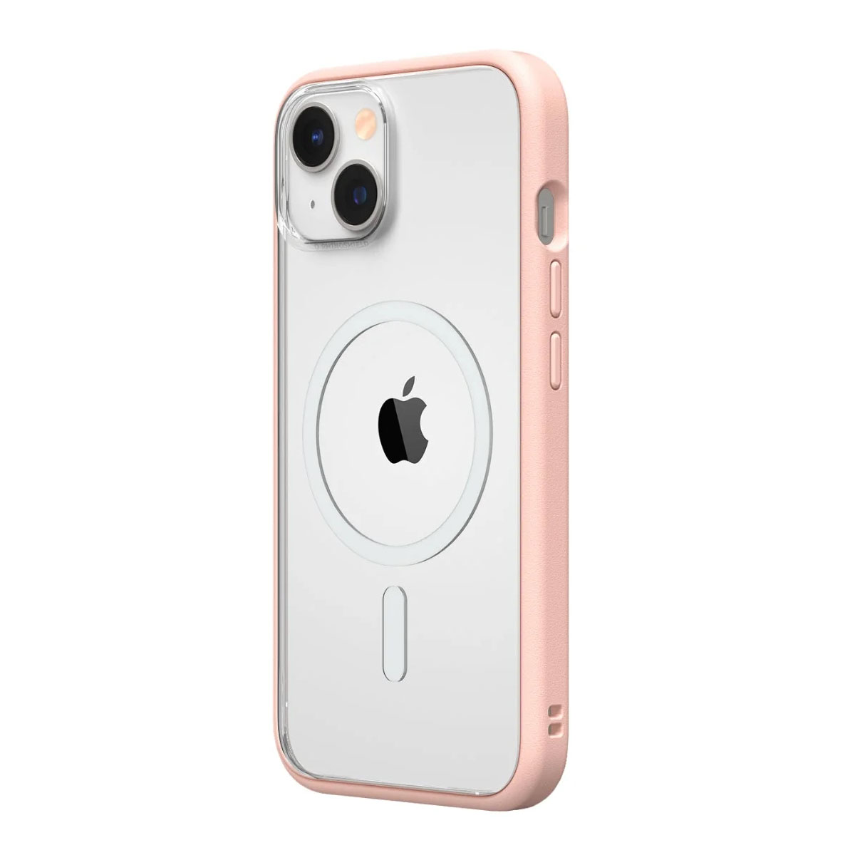 Una custodia per telefono con retro trasparente, cornice rosa e logo Apple.
