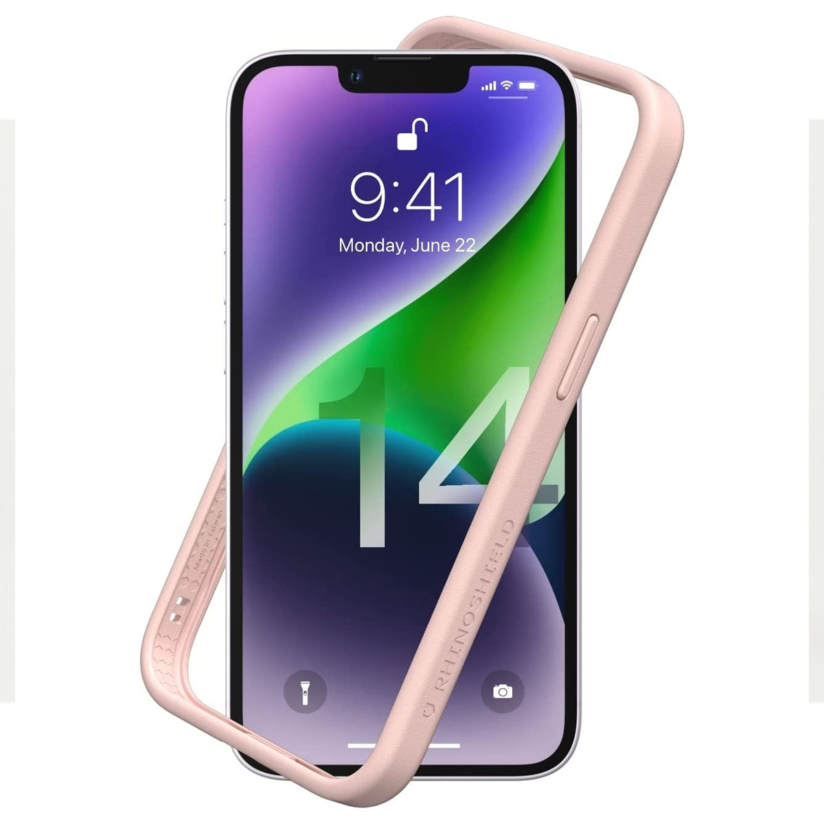 iPhone con custodia paraurti rosa, che mostra l'ora e il numero 14.