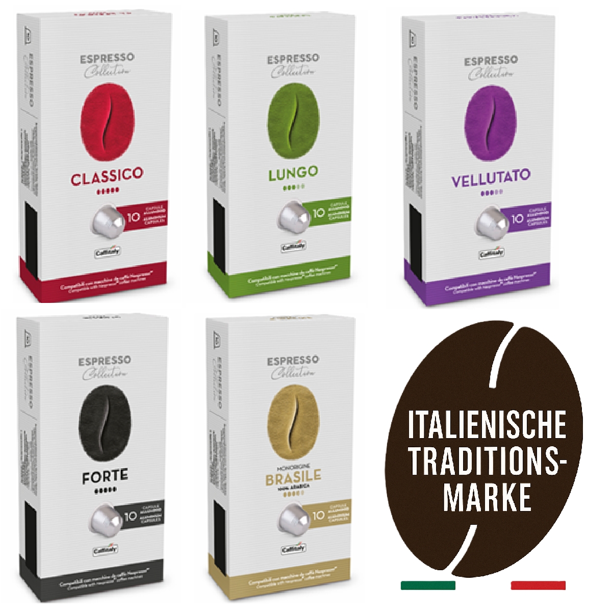 Sechs Kaffeekapseln in verschiedenen Farben, plus ein Kaffeebild. Text: Espresso.