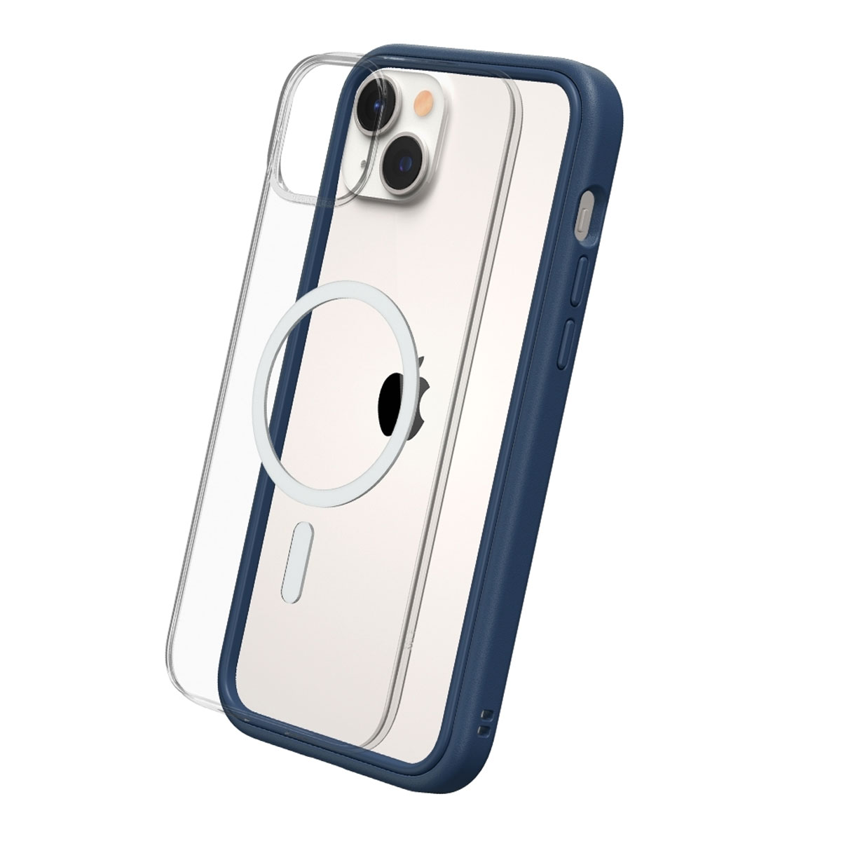 Una custodia per telefono con retro trasparente, cornice blu e logo Apple.