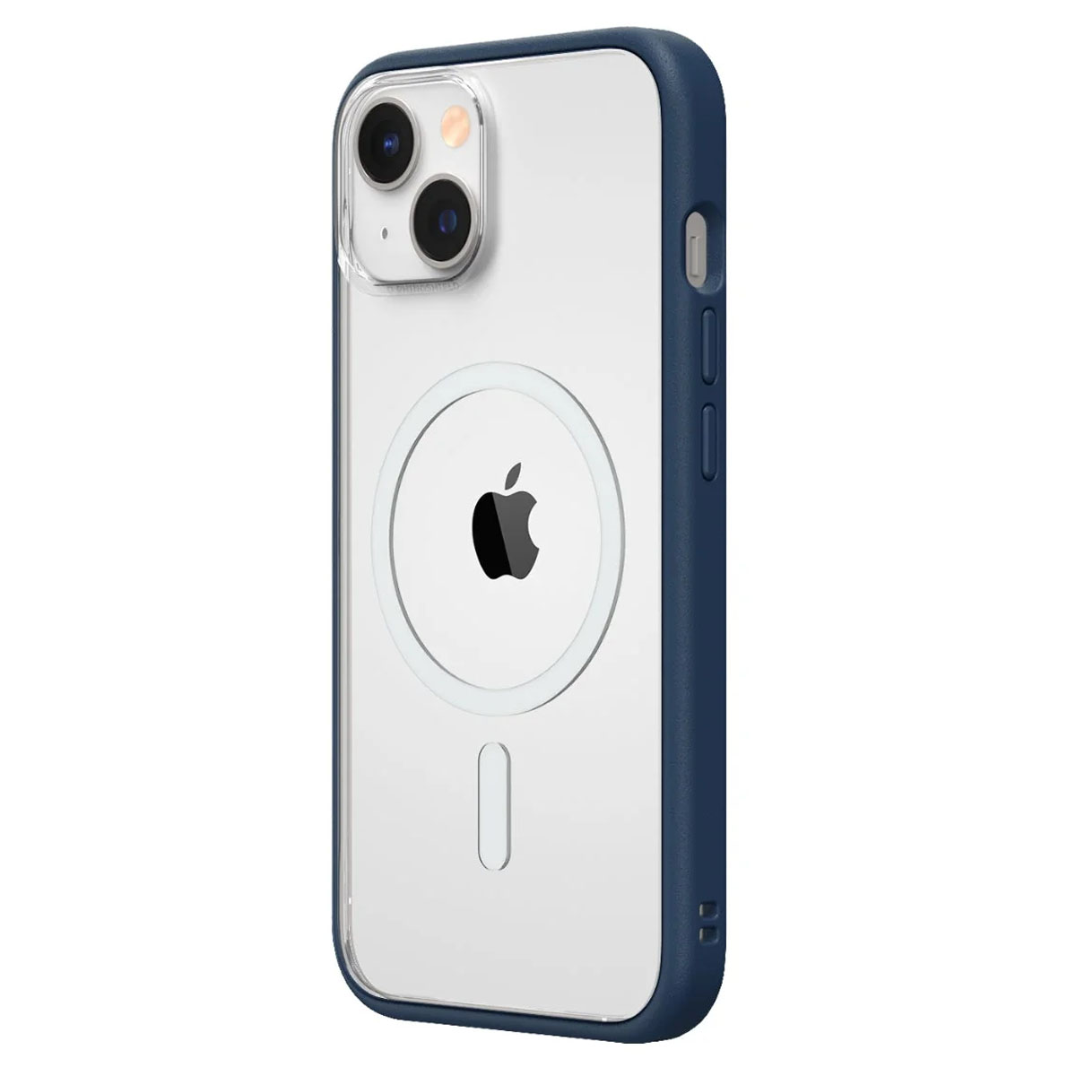 Una custodia per telefono con retro trasparente, cornice blu e logo Apple.