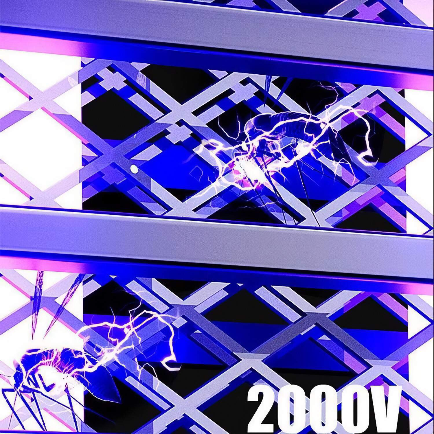 Nahaufnahme eines Insektenvernichters mit blauen und weißen Gittern, Lichtbögen und der Zahl '2000V'.