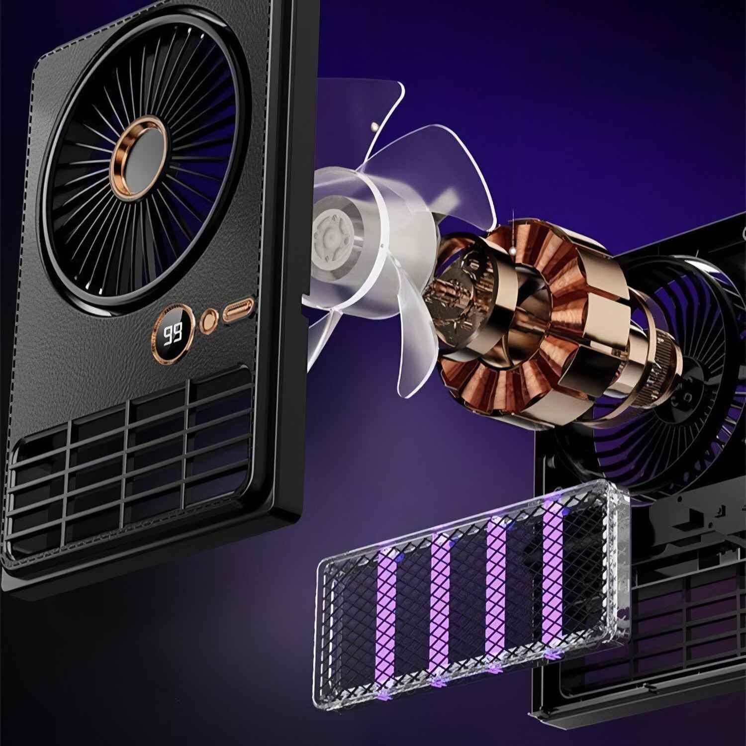Eine Insektenvernichter- und Ventilator-Kombination, die den Ventilator, Motor und UV-Lichtgitter zeigt, mit '99'.