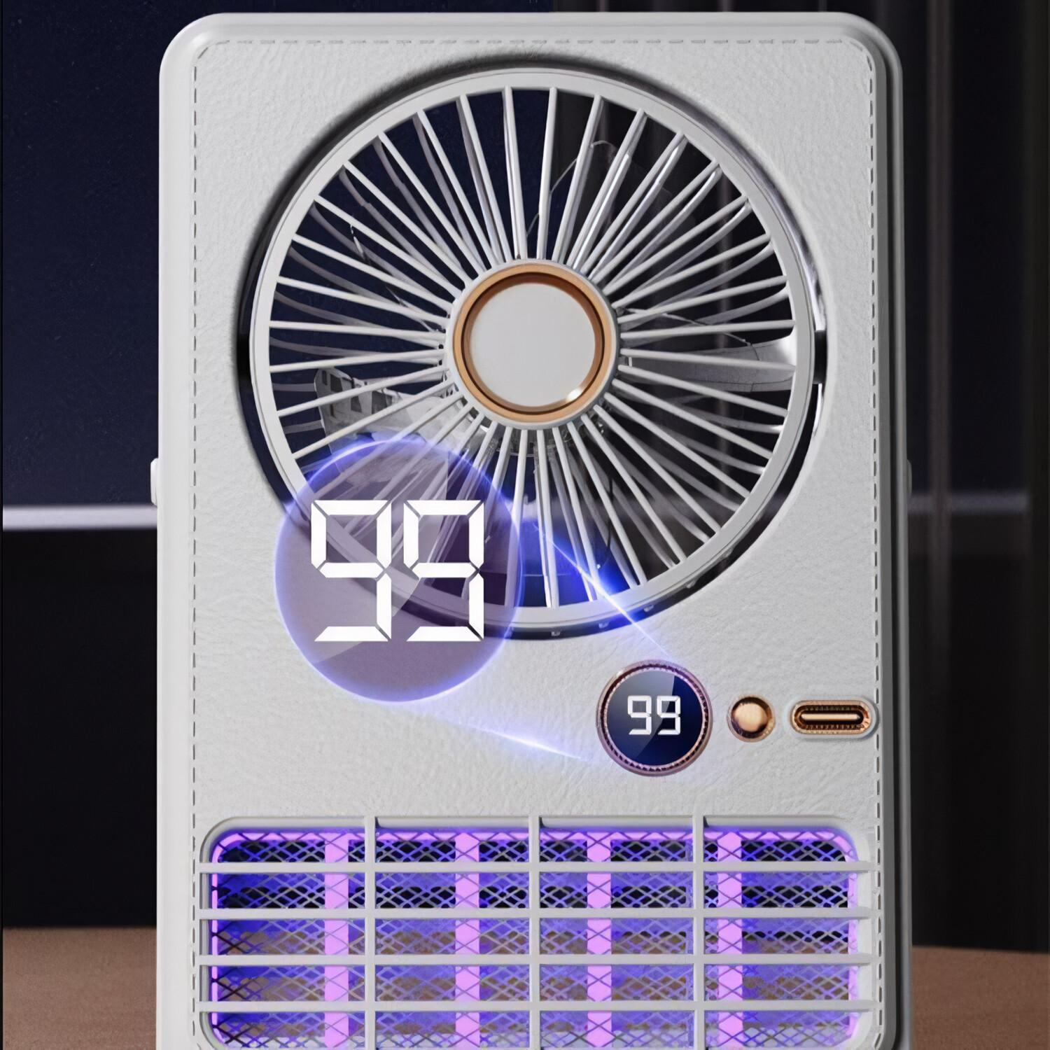 Eine weiße Insektenvernichter- und Ventilator-Kombination mit digitaler Anzeige '99'. Es hat einen Ventilator und UV-Lichtgitter.