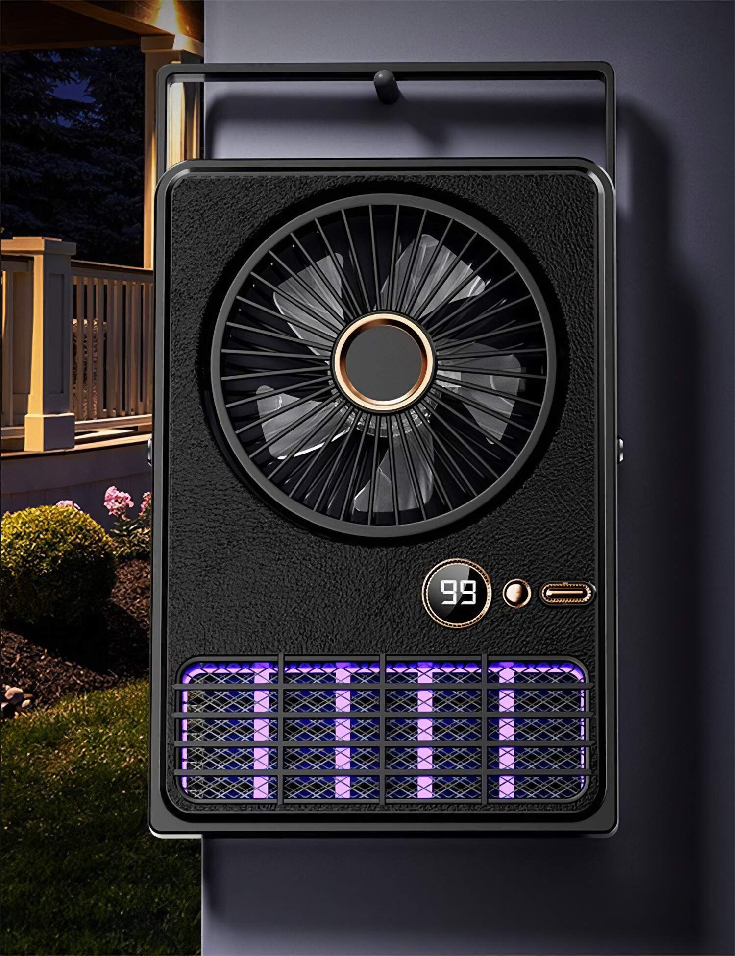 Ein schwarzes Lüftergerät mit digitaler Anzeige und violettem Licht.