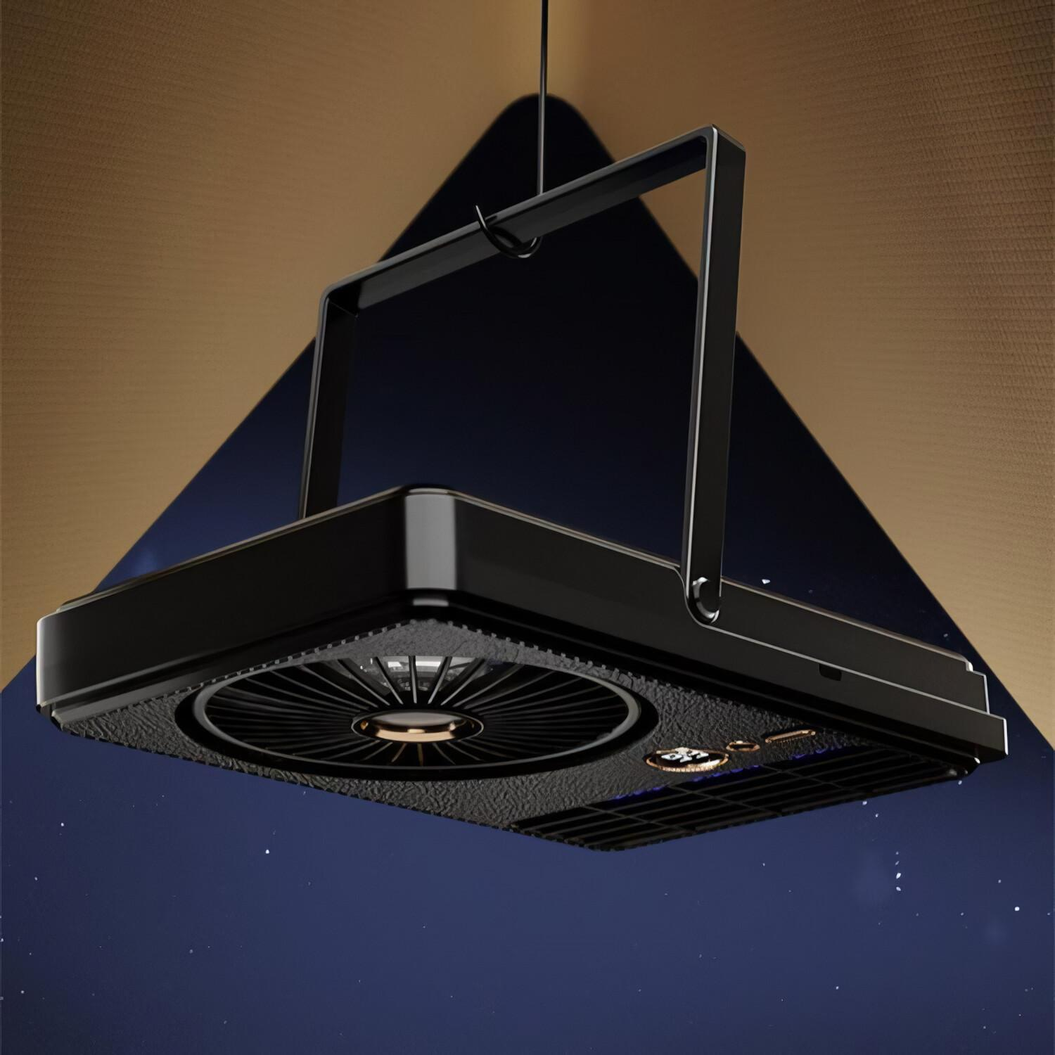 Eine schwarze Insektenvernichter- und Ventilator-Kombination, die an einem Haken hängt. Der Ventilator und eine Digitalanzeige sind sichtbar.