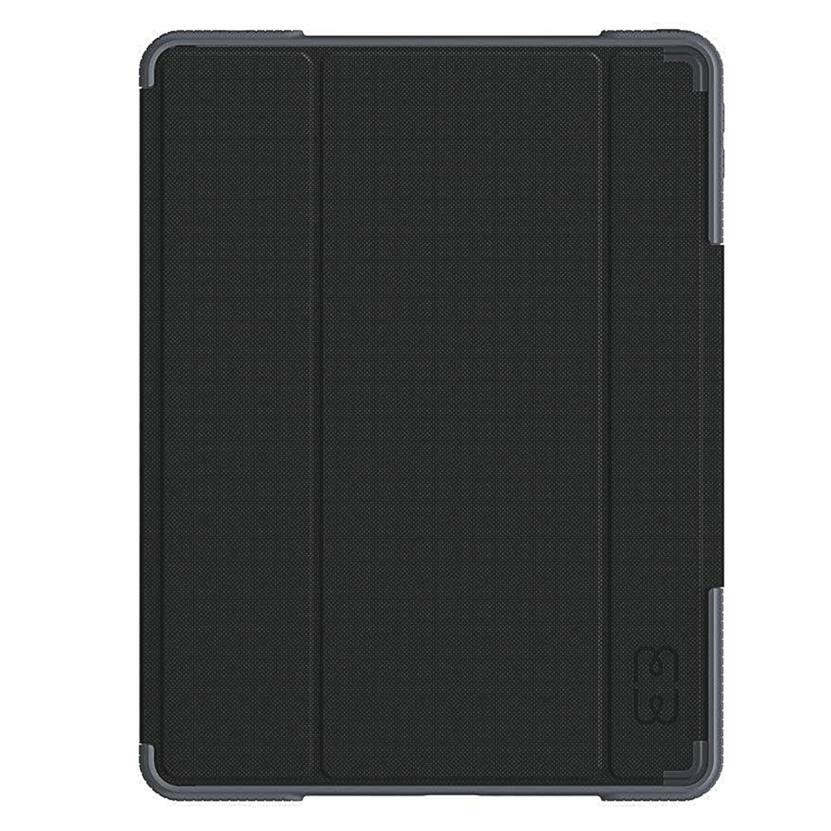 Una custodia per tablet nera chiusa. È una custodia piatta, rettangolare con una superficie strutturata.