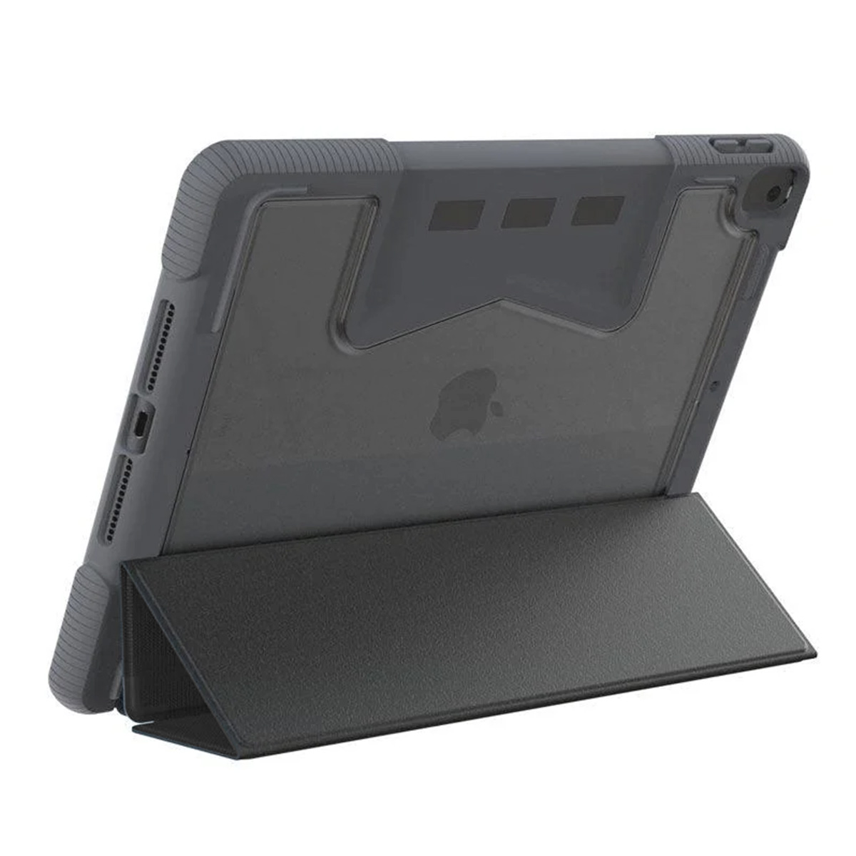 Il retro di un tablet in una custodia grigia. La custodia ha un supporto e il logo Apple è visibile.