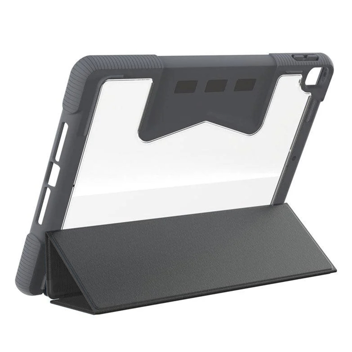 Una custodia grigia e trasparente per tablet con un supporto. Il tablet è all'interno.