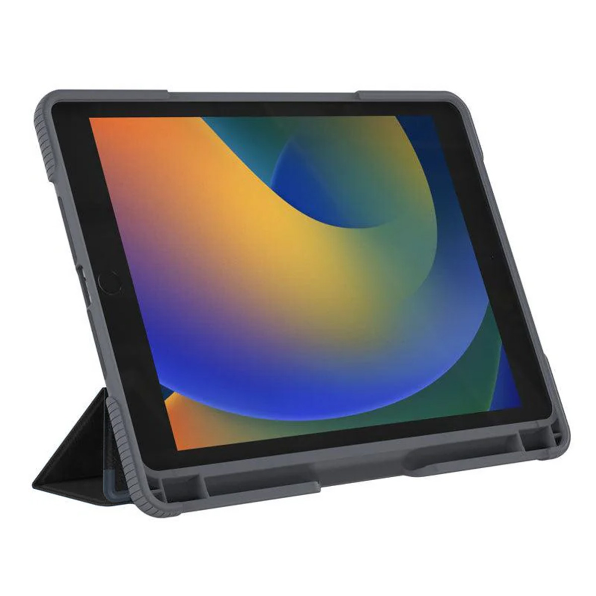 Un tablet con uno schermo colorato in una custodia grigia. Il tablet è aperto, la custodia lo sostiene.