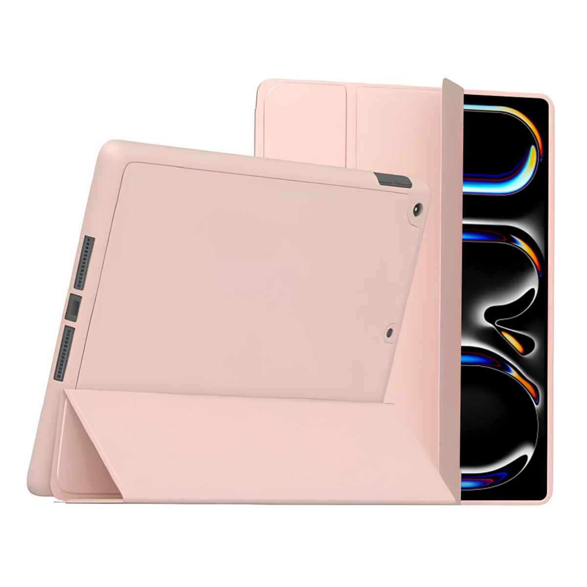 Una custodia per tablet rosa, aperta per rivelare lo schermo. Un'altra custodia è dietro.