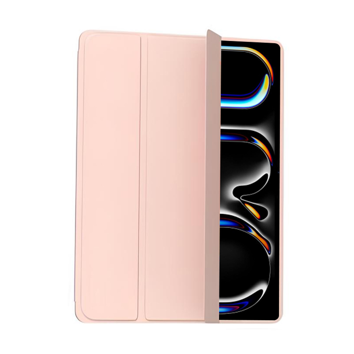 Una custodia per tablet rosa, aperta per rivelare lo schermo. Lo schermo mostra un design.