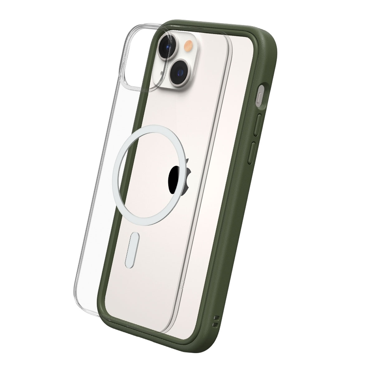 Un iPhone in una custodia trasparente con un bordo verde e un anello MagSafe bianco.