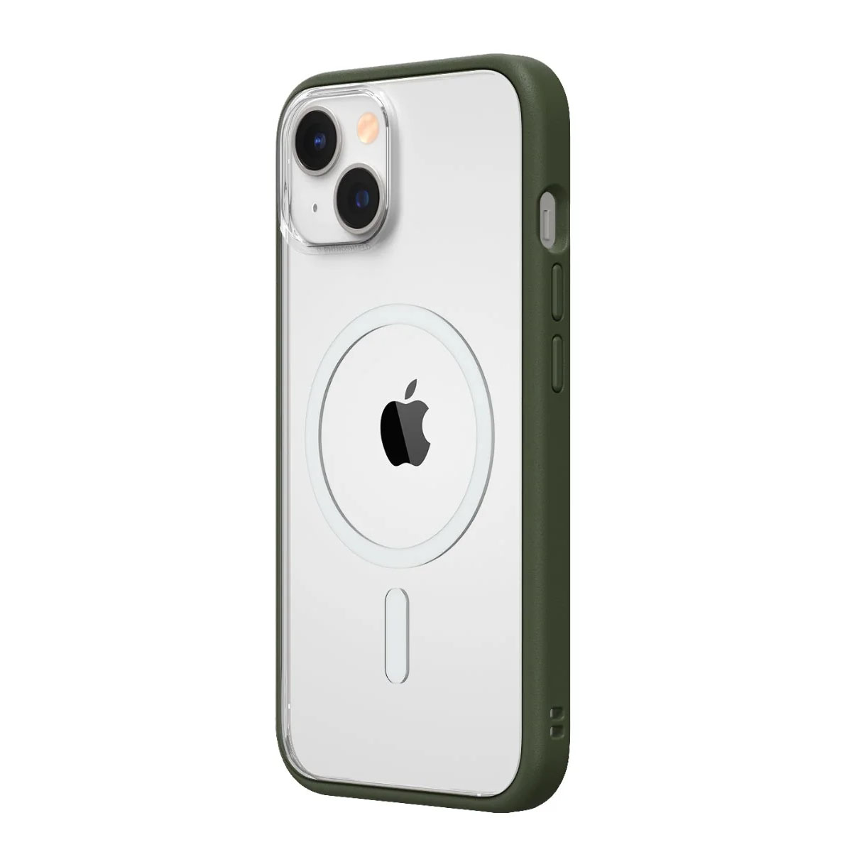 Custodia trasparente con bordo verde attorno a un telefono. Logo Apple visibile.