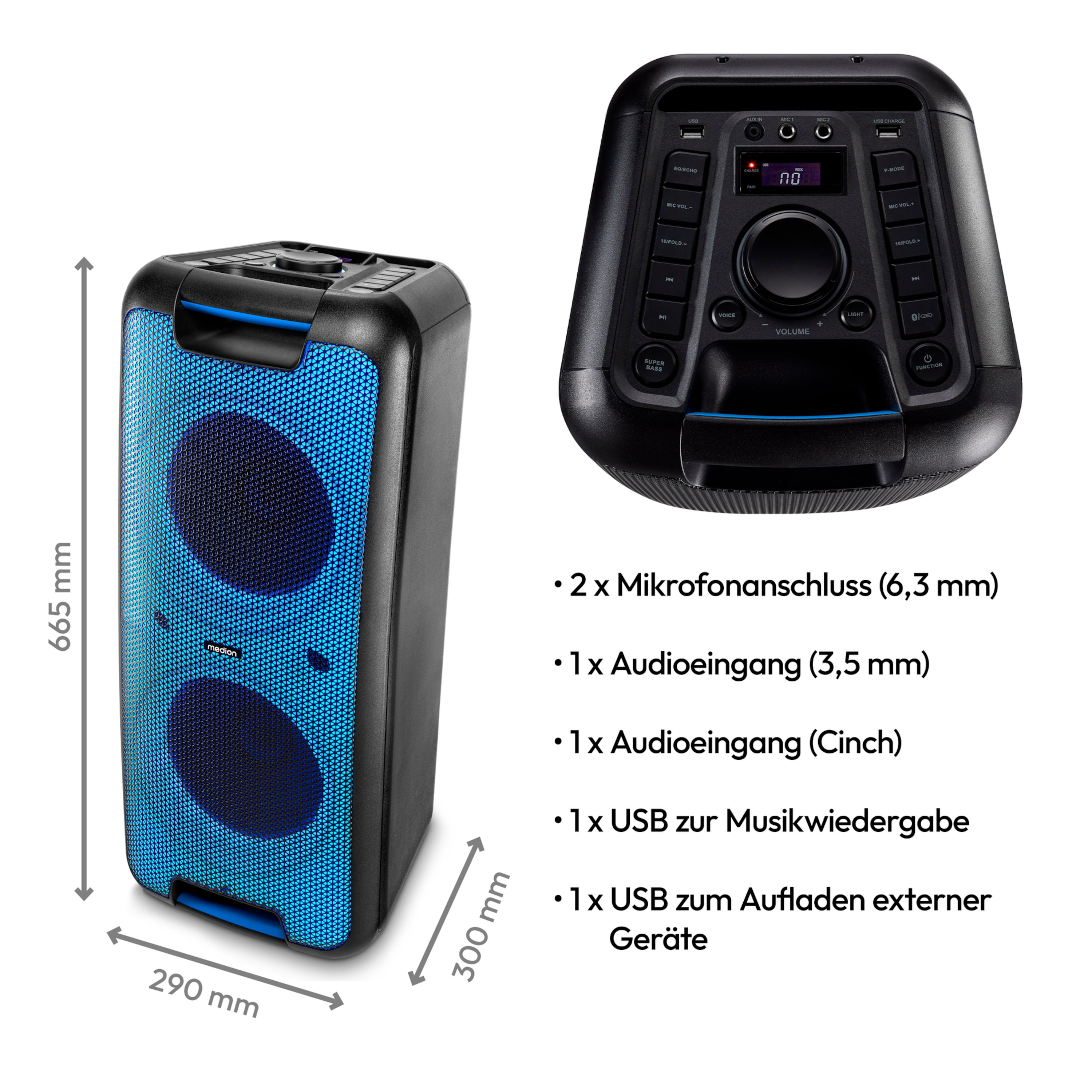Un altoparlante nero e blu con dimensioni e testo che descrivono le sue caratteristiche: ingressi e porte USB.