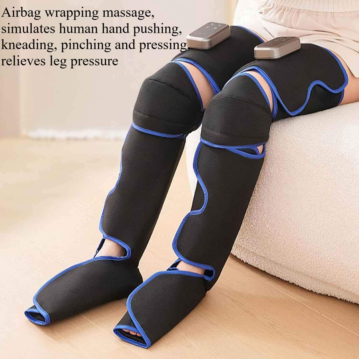 Beinmassagegerät, schwarz mit blauen Akzenten, auf weißer Oberfläche. Zwei Controller sichtbar.