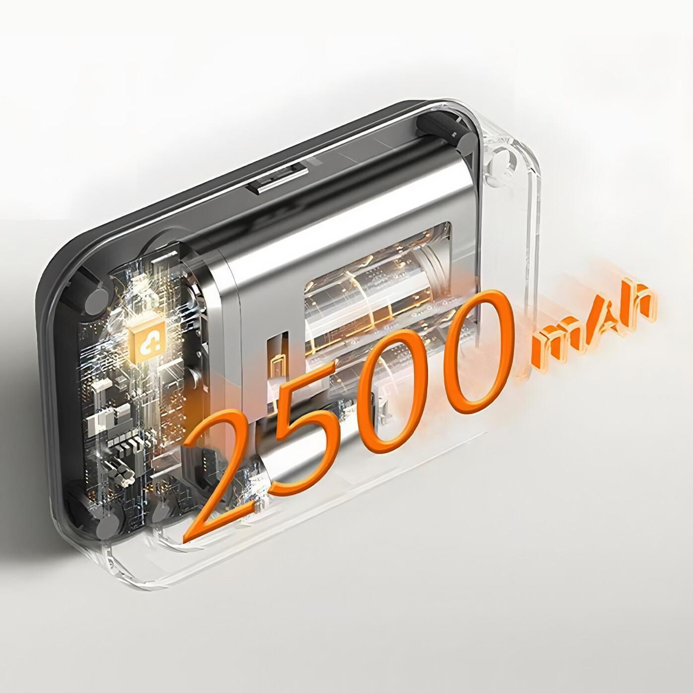 Ein transparentes Geräteinnere mit einem Akku mit der Aufschrift 2500 mAh, das elektronische Bauteile zeigt.