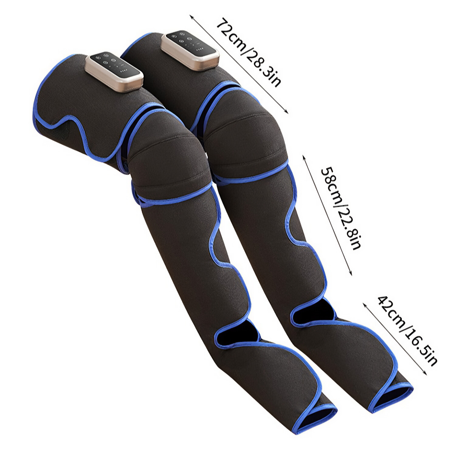 Beinmassagegerät, schwarz mit blauen Akzenten, Maße beschriftet. Zwei Controller sichtbar.