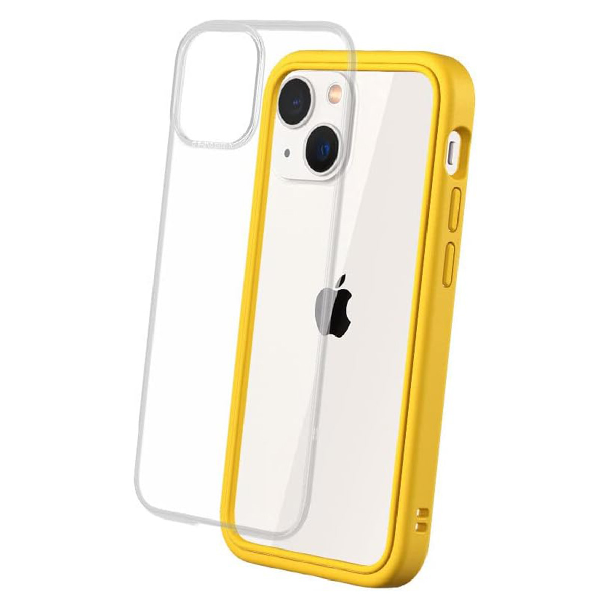 Una custodia trasparente per telefono con bordo giallo, che mostra un telefono bianco con il logo Apple nero.