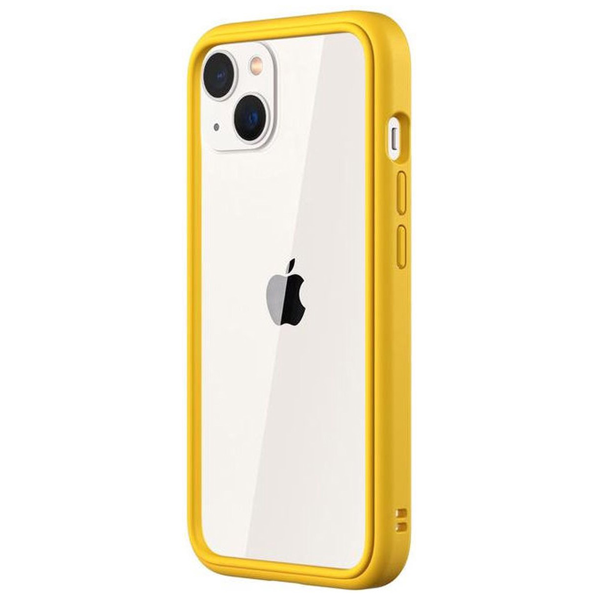 Un iPhone con una custodia gialla. Il telefono ha un logo Apple nero. La custodia ha un retro trasparente.