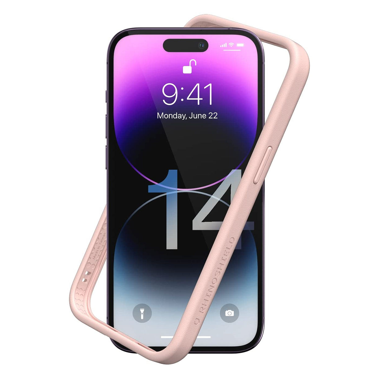 Una custodia rosa attorno a un telefono. Il telefono mostra l'ora 9:41 e la data è il 22 giugno.