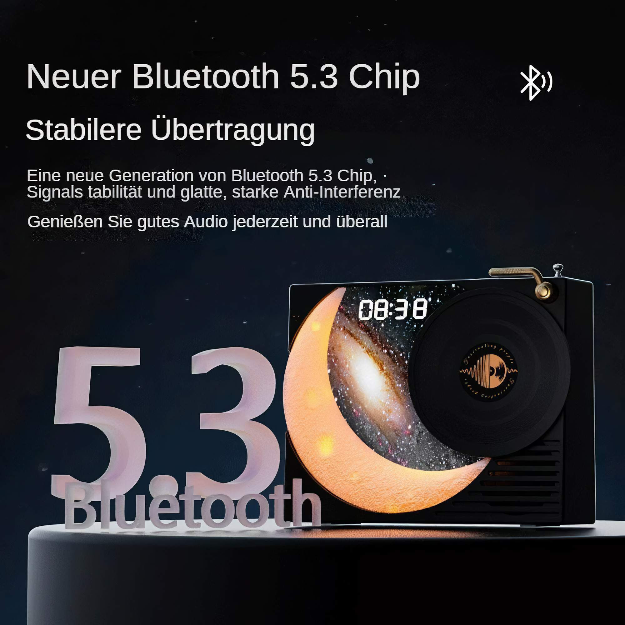Lautsprecher in Form eines Plattenspielers. Text über Bluetooth und die Zeitanzeige und Galaxie.