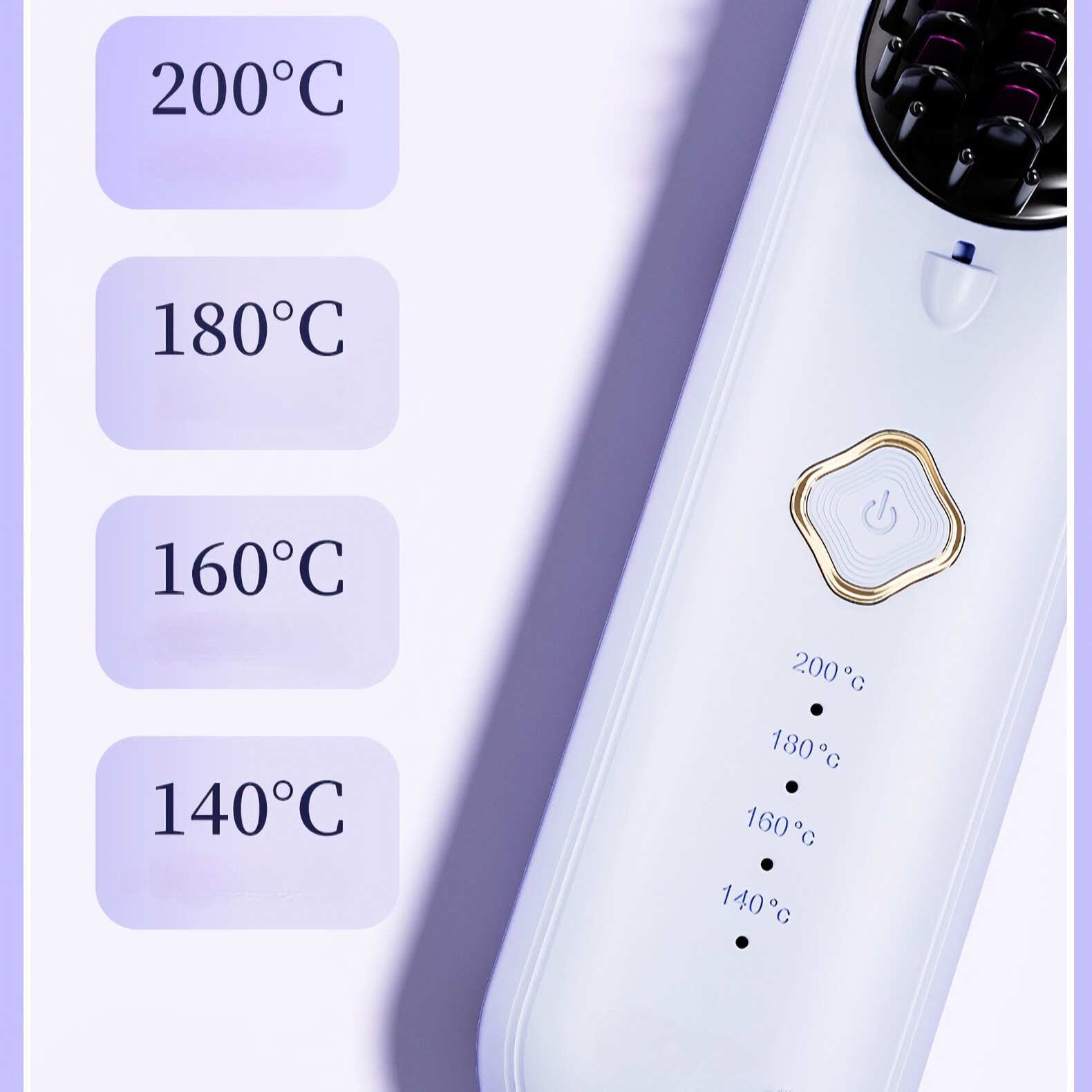 Nahaufnahme eines weißen Haarglätters, Temperatureinstellungen sind zu sehen.