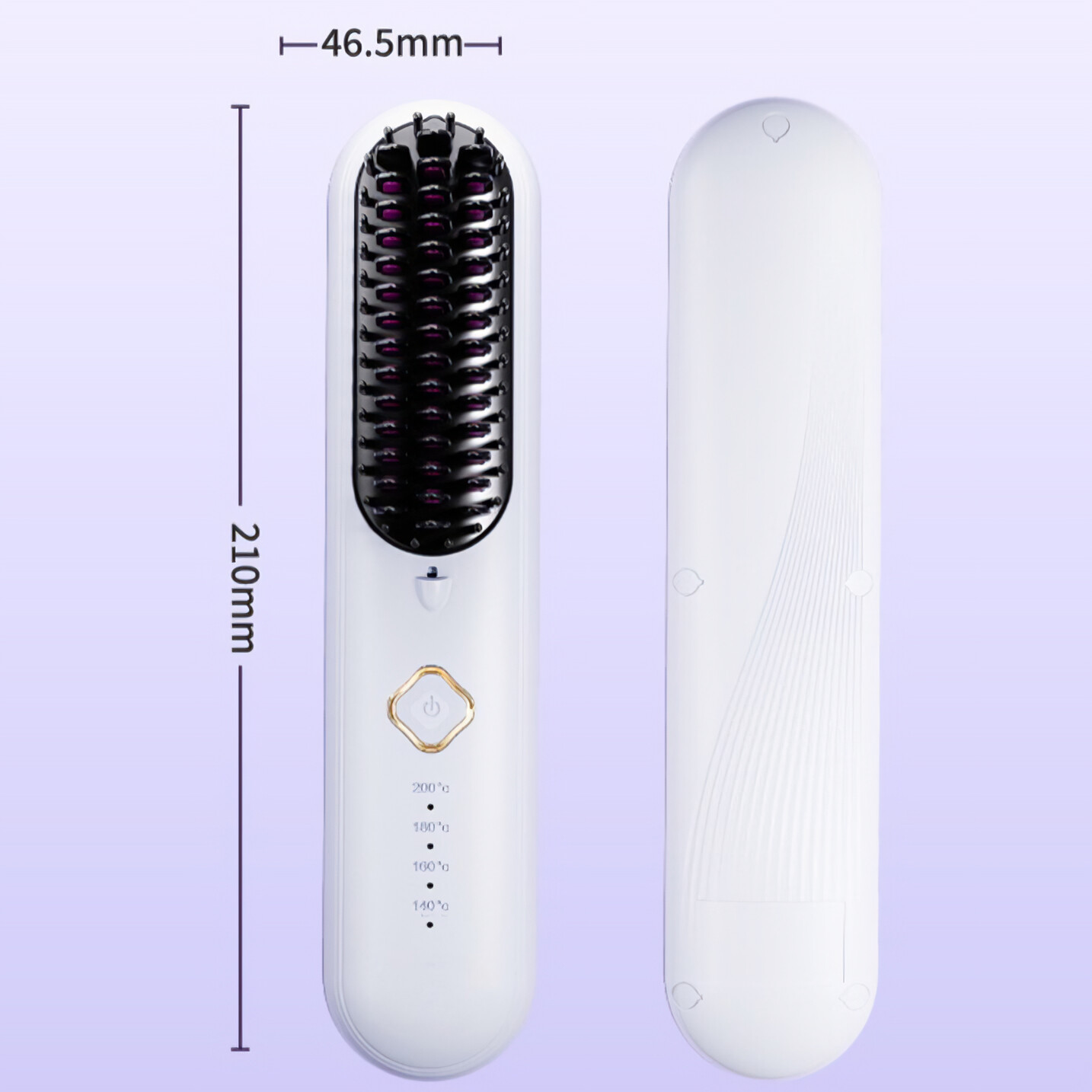 Zwei weiße Haarstyling-Geräte, eines mit Temperatureinstellungen und das andere mit Abmessungen.