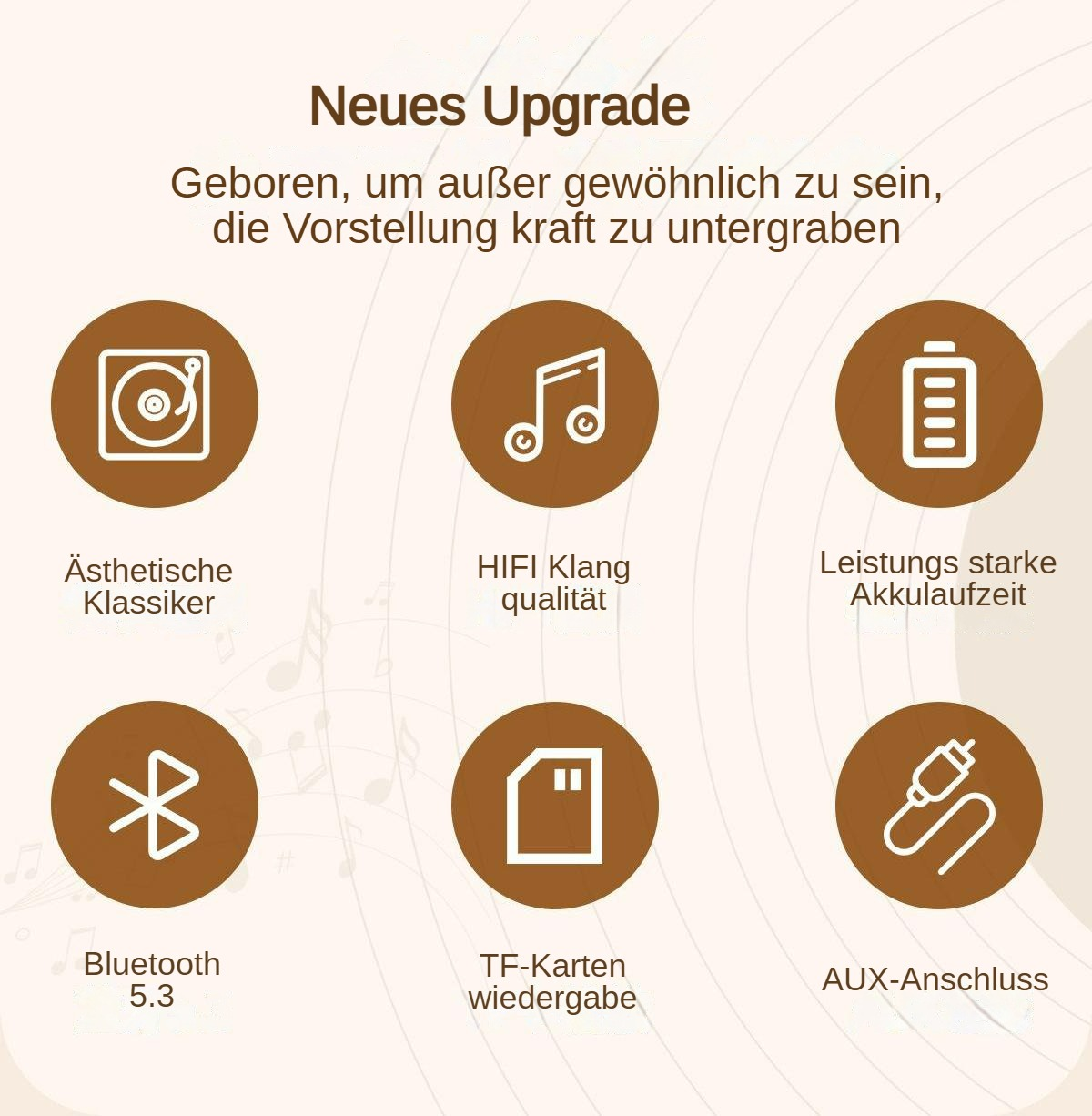 Symbole, die die Funktionen des Plattenspielers zeigen: Bluetooth, AUX, TF-Karte etc.