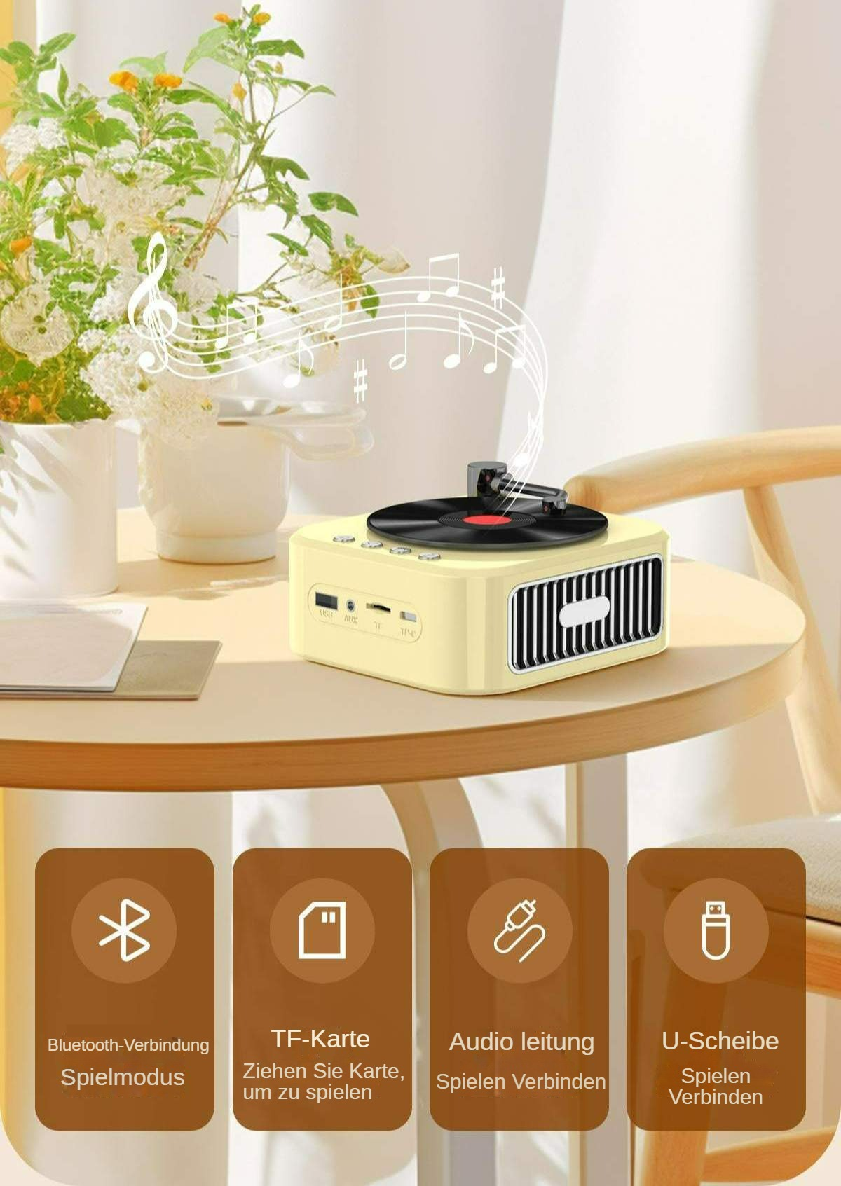 Ein gelber Lautsprecher im Retro-Stil mit einem Plattenspieler auf einem Holztisch. Noten sind darüber. Vier Symbole sind unten.