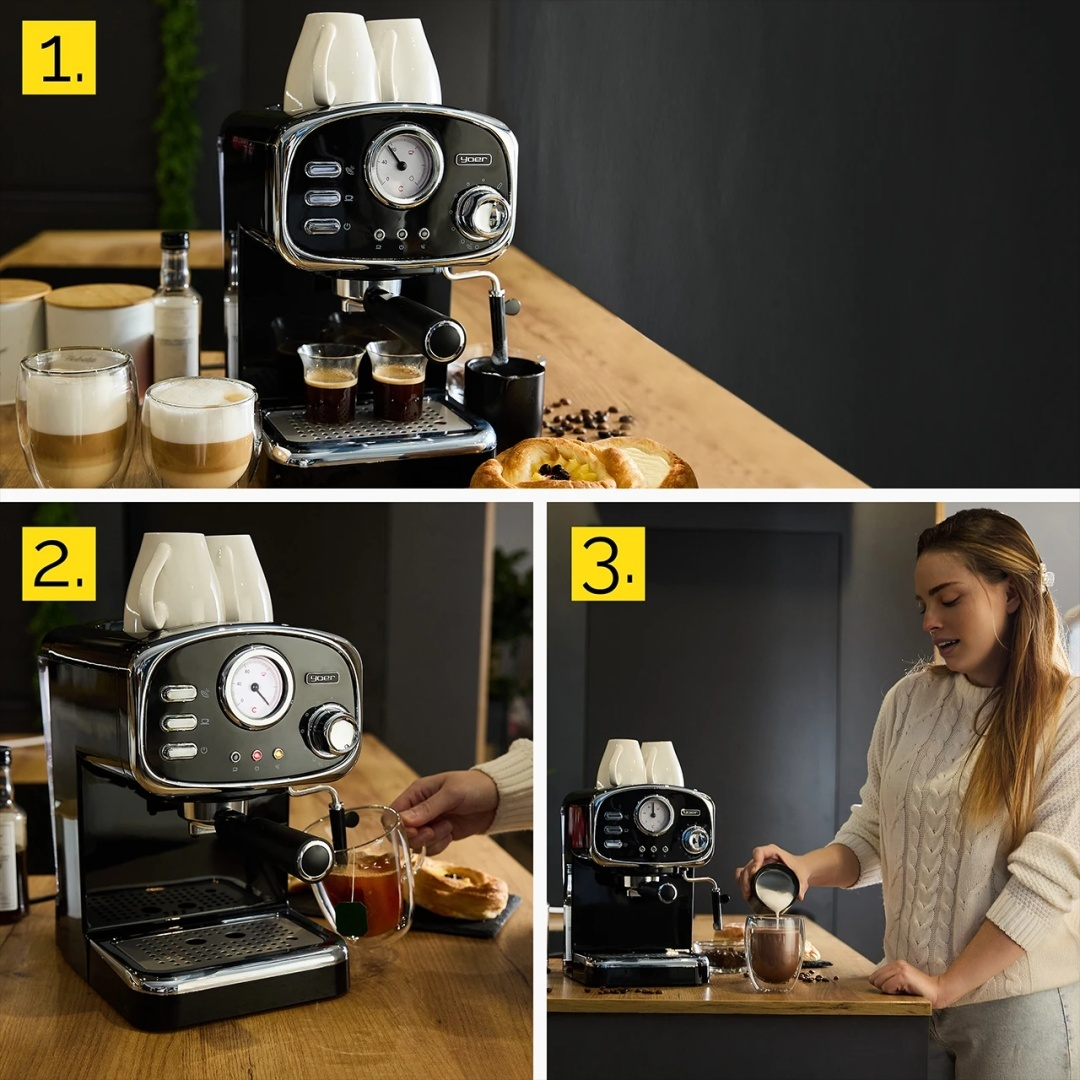 Trzy zdjęcia czarnego ekspresu do kawy z kobietą, która go używa. Obecna kawa i wypieki.