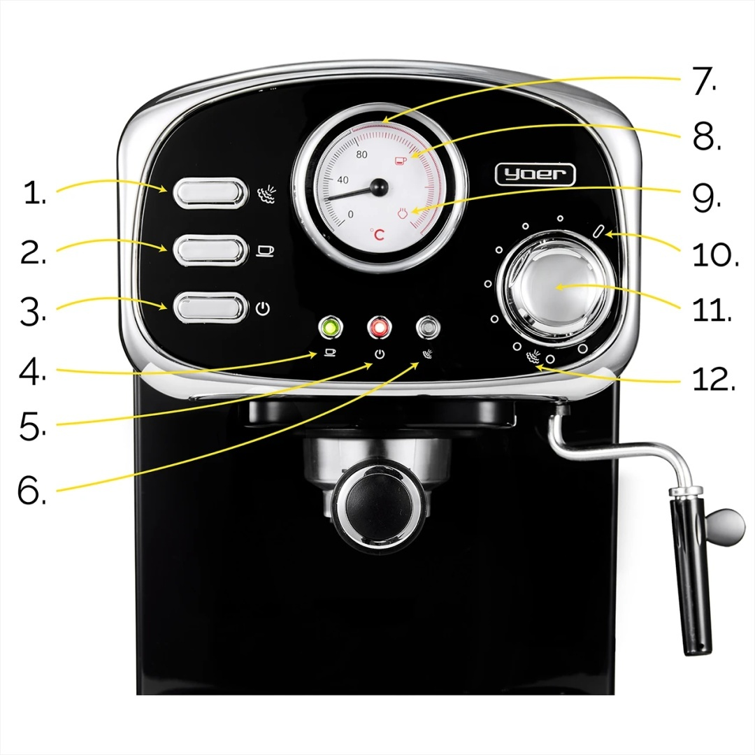 Zbliżenie panelu sterowania czarnego ekspresu do kawy. Widoczne przyciski, pokrętła i kontrolki.