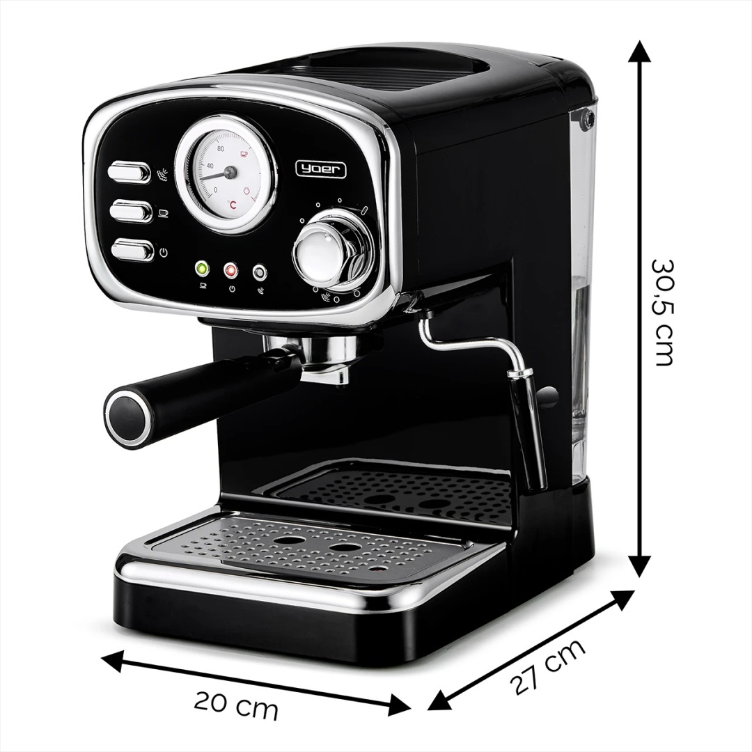 Czarny ekspres do kawy. Wymiary są oznaczone: 20 cm szerokości, 27 cm głębokości i 30,5 cm wysokości.