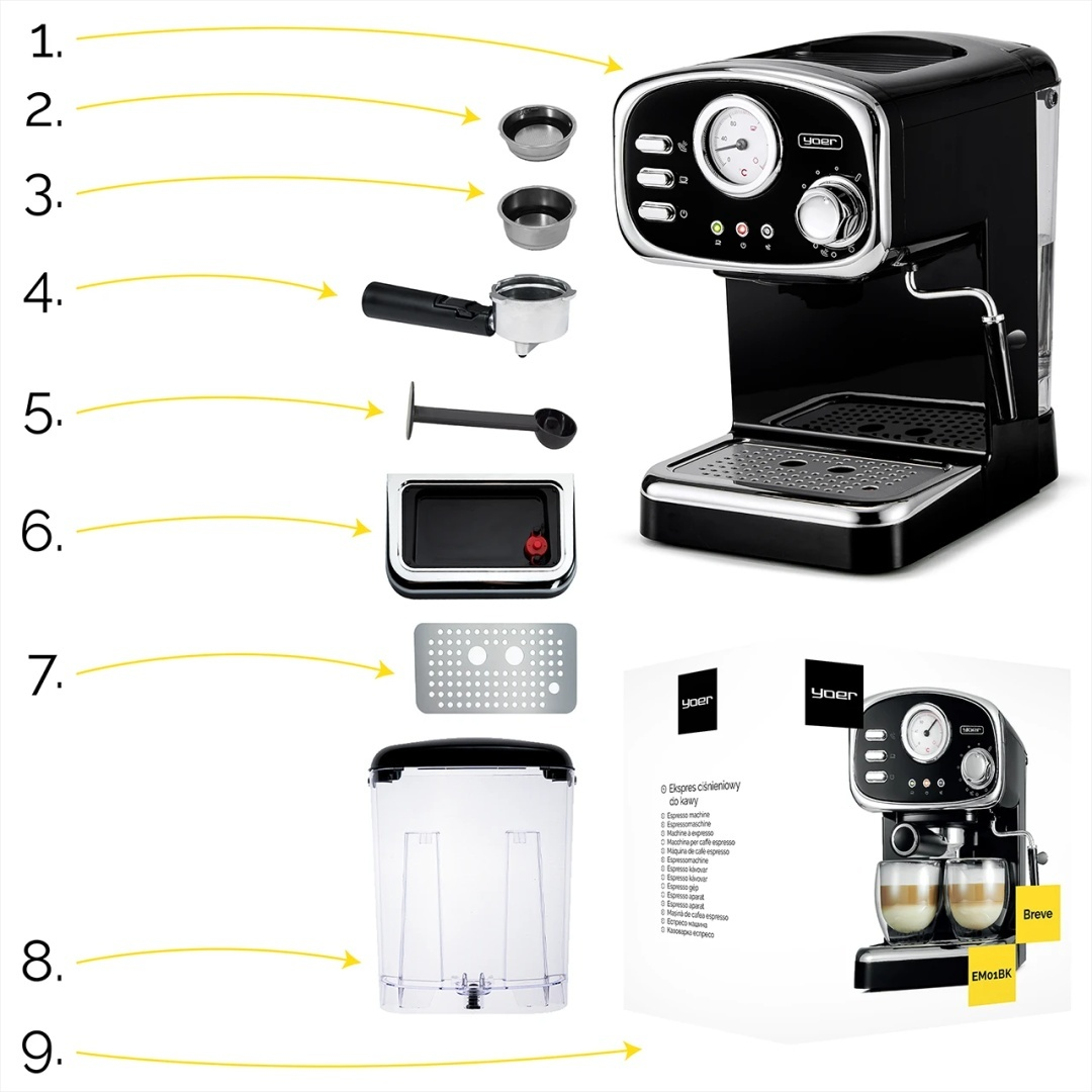 Schemat czarnego ekspresu do kawy z oznaczonymi częściami i akcesoriami.
