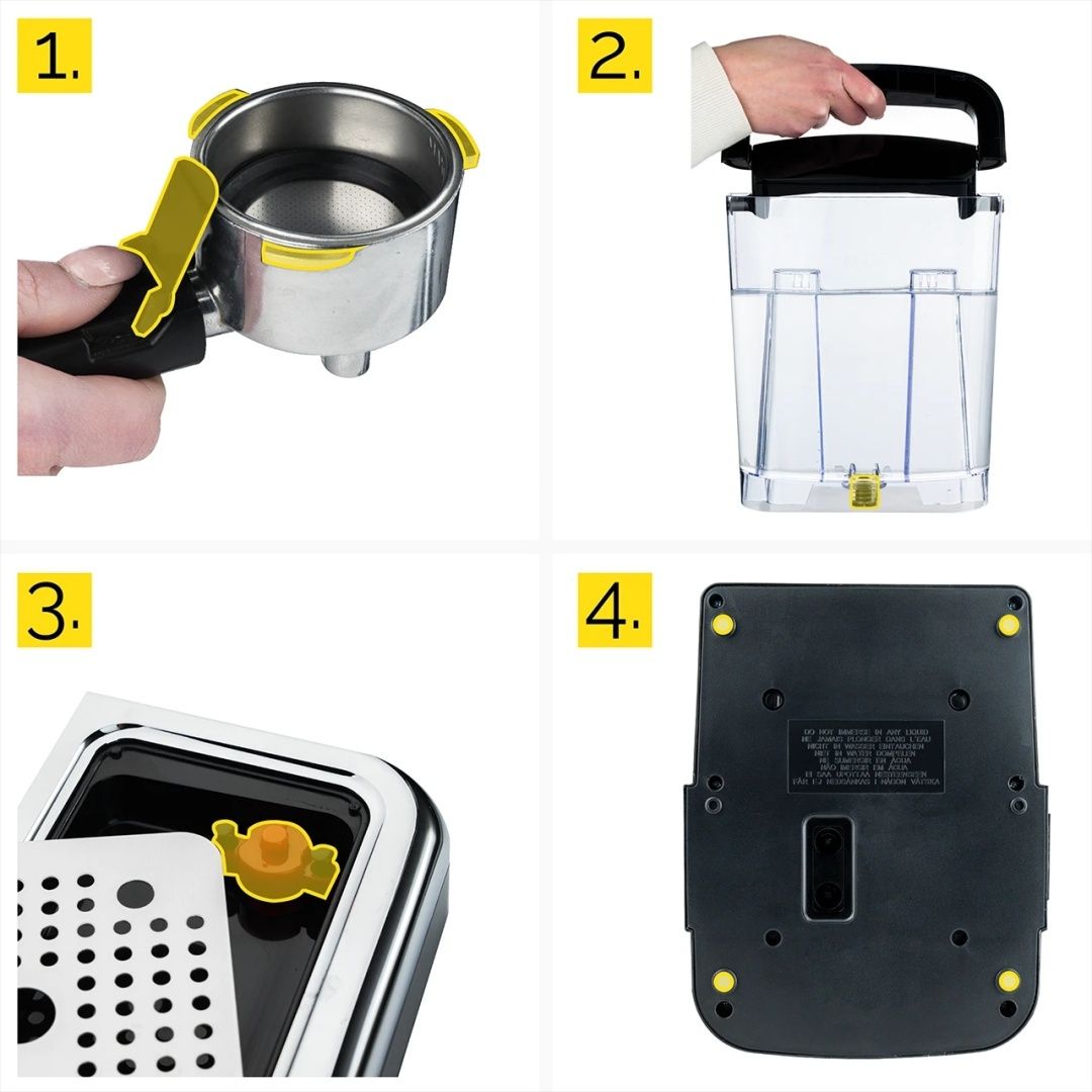 Cztery obrazy szczegółowe części ekspresu do kawy: filtr, zbiornik na wodę, tacka ociekowa i podstawa.