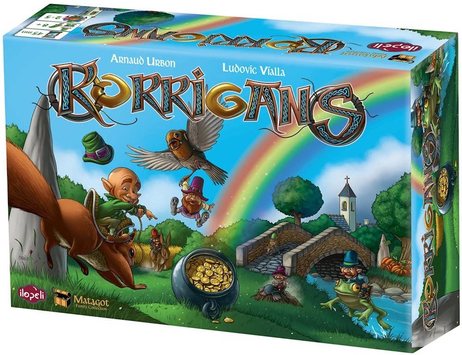 Brettspielkasten. Bunte Illustration von Zeichentrickfiguren, Brücke und Regenbogen.