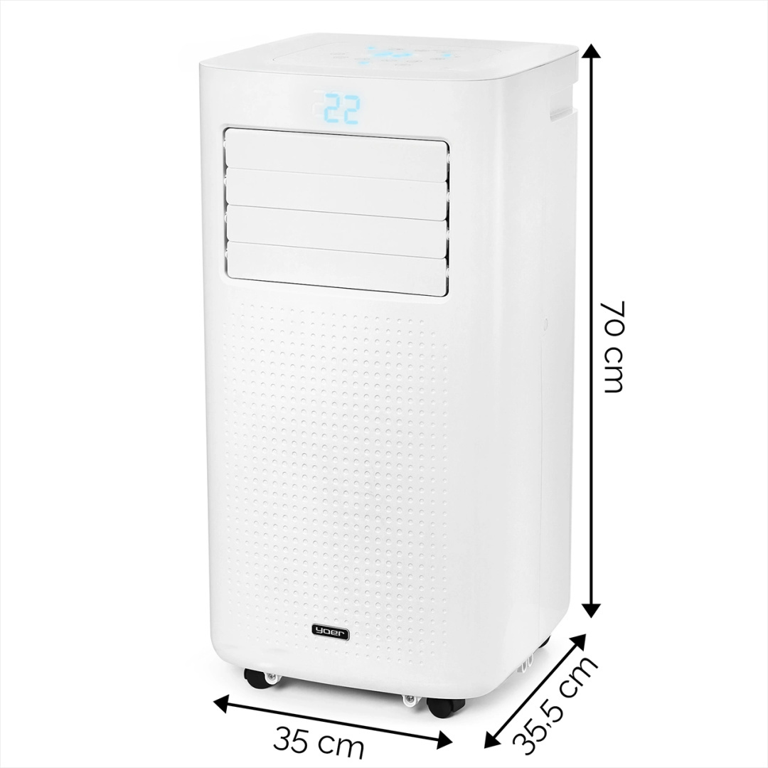 Biały klimatyzator, wymiary pokazane, wysokość 70 cm i szerokość 35 cm.