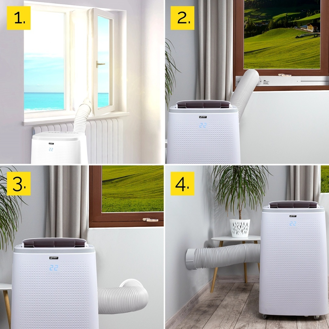 Cztery obrazy pokazujące instalację klimatyzatora, z wężem wychodzącym przez okno.