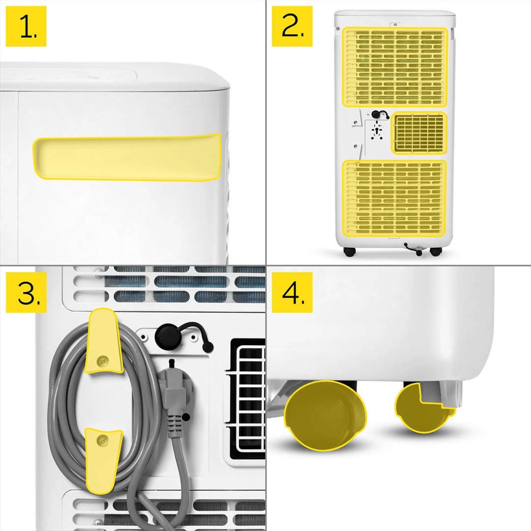 Zbliżenia szczegółów klimatyzatora: panel przedni, tylne kratki, uchwyt na przewód i koła.