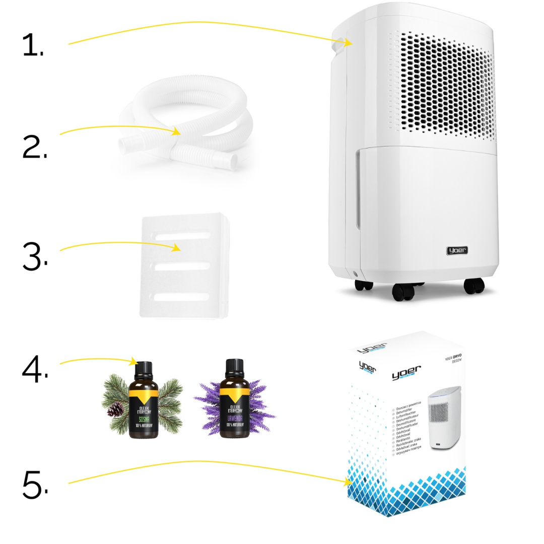 Osuszacz z akcesoriami, w tym wężem, olejkami eterycznymi i pudełkiem produktu z tekstem.
