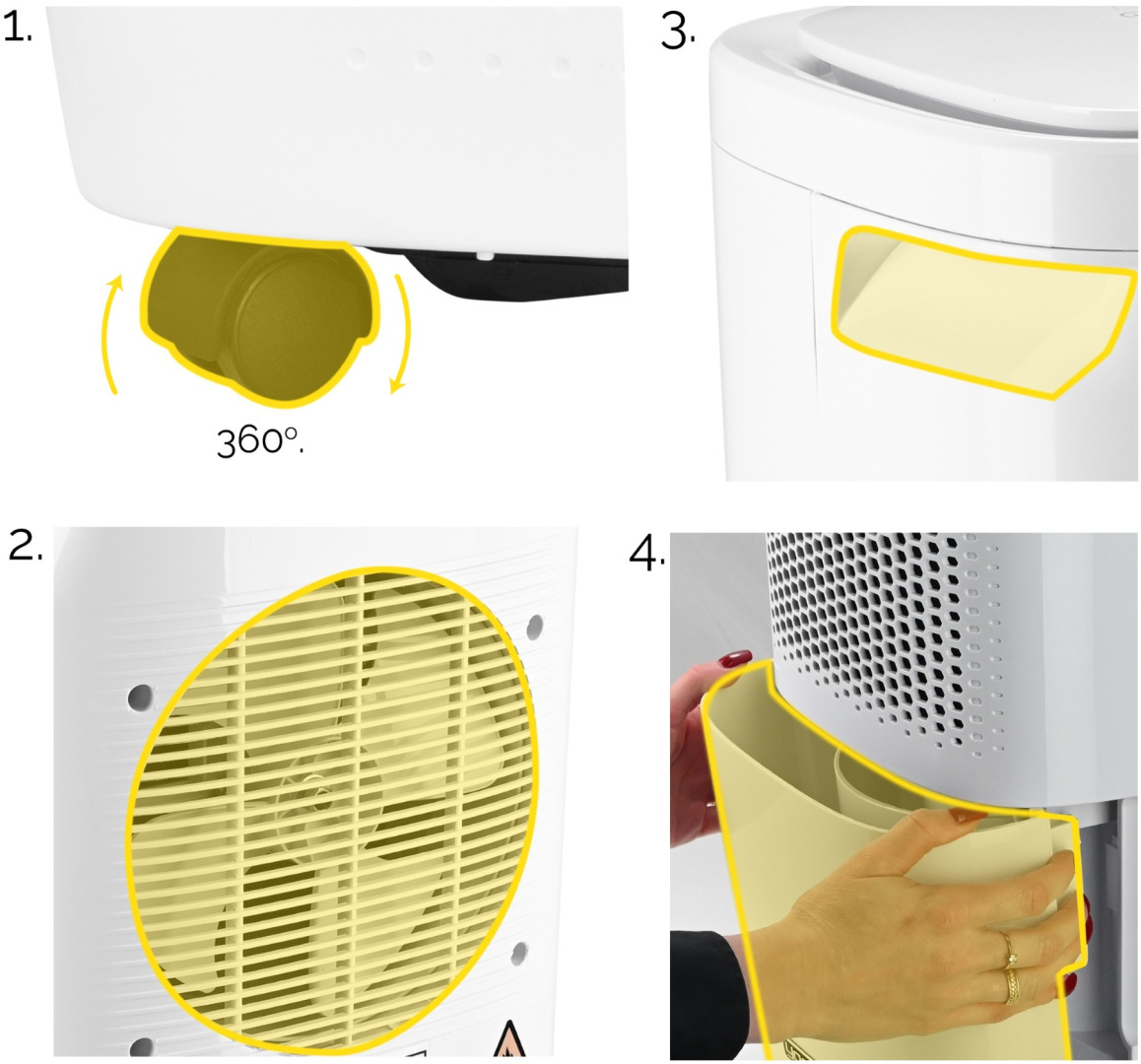 Zbliżenia części białego osuszacza: filtr powietrza, zbiornik na wodę i otwory wentylacyjne.