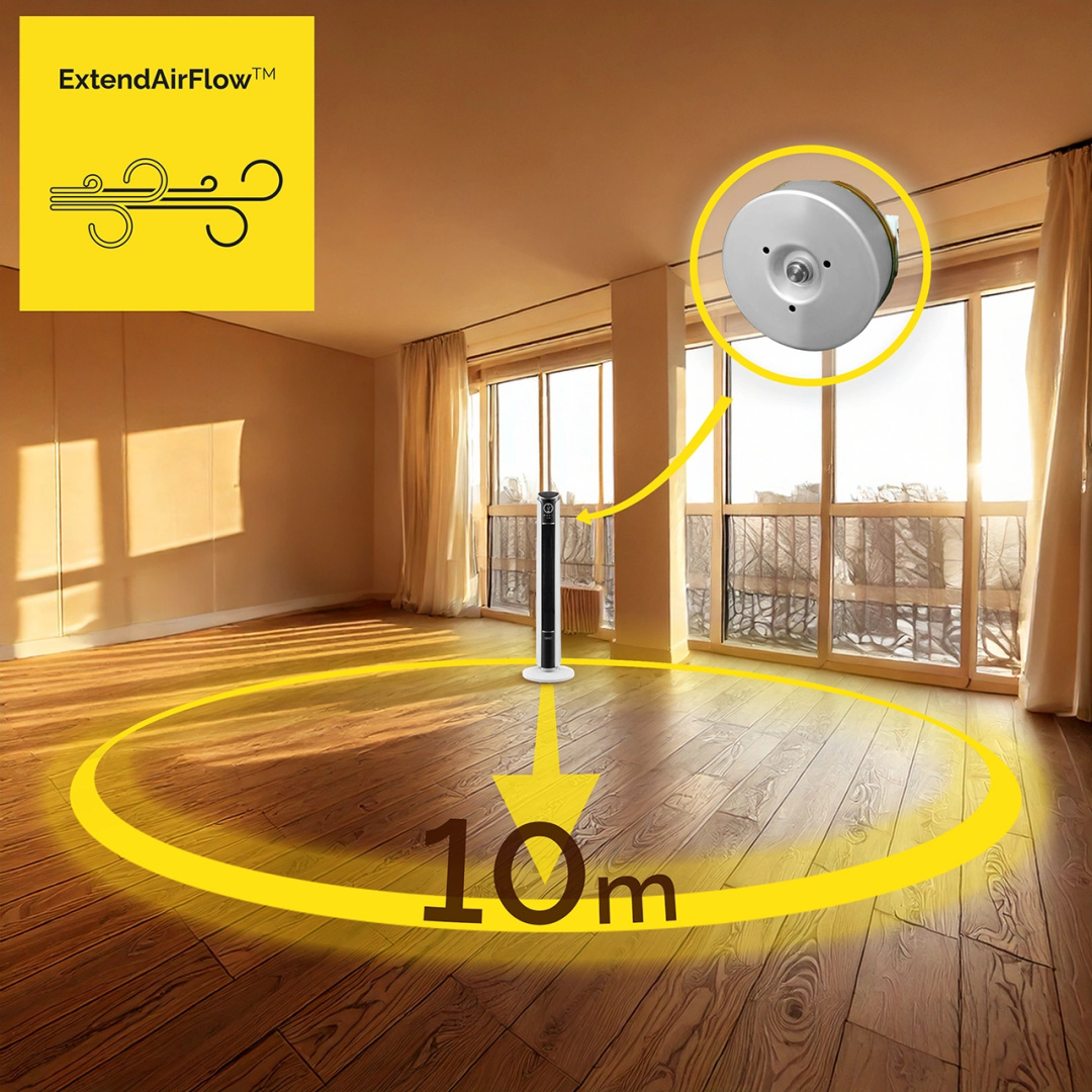 Pusty pokój z wentylatorem stojącym, logo extend air flow i żółtym okręgiem na podłodze.