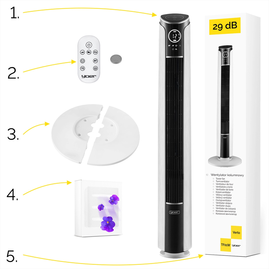 Szczegółowy widok wentylatora wieżowego z pilotem, częściami i opakowaniem, pokazujący różne funkcje.