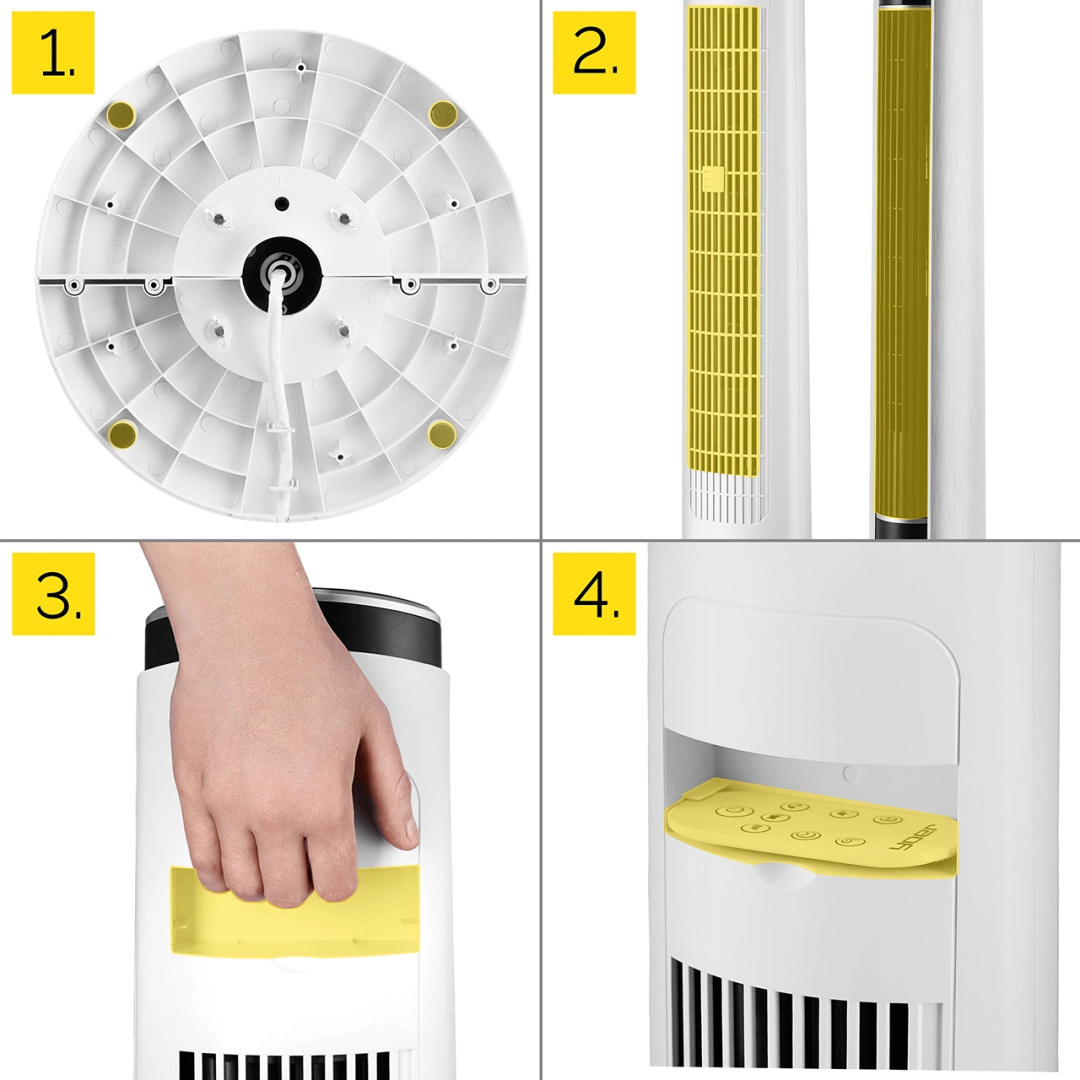 Zbliżenia podstawy wentylatora wieżowego, grilla i komory na pilota, z interakcją dłoni.